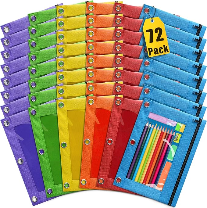 Pencil Pouch for 3 Ring Binder, 72 Pack Pencil Pouches with Zipper & Clear Window - 6 Assorted Color, Pencil Case Bulk for 3-Holes Binder, Multi-Purpose Storage Bag for Office, School Supplies (72)