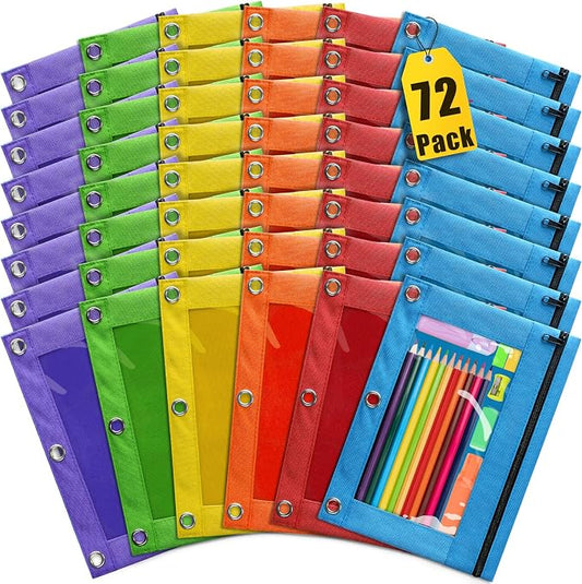 Pencil Pouch for 3 Ring Binder, 72 Pack Pencil Pouches with Zipper & Clear Window - 6 Assorted Color, Pencil Case Bulk for 3-Holes Binder, Multi-Purpose Storage Bag for Office, School Supplies (72)