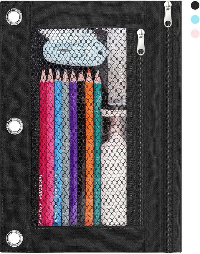 KONVINIT Pencil Pouch for 3 Ring Binder, Zipper Binder Pencil Pouch, Durable Cloth Pencil Case with 2 Pockets, Mesh Window Pencil Case Pouch for School Supplies, Cables, Earbuds, Makeup, Black