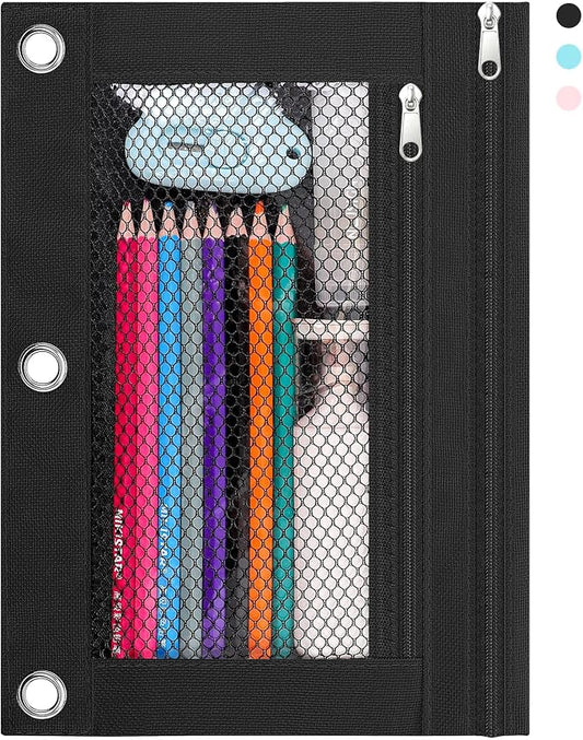 KONVINIT Pencil Pouch for 3 Ring Binder, Zipper Binder Pencil Pouch, Durable Cloth Pencil Case with 2 Pockets, Mesh Window Pencil Case Pouch for School Supplies, Cables, Earbuds, Makeup, Black