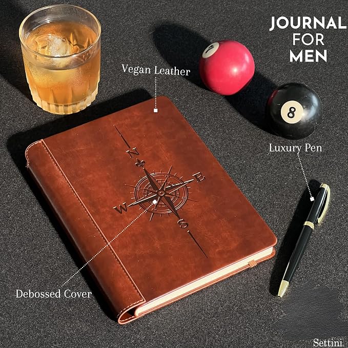 SETTINI® Lined Journal - Compass Journal for Writing Gift Set - Hardcover Vegan Leather, Includes Luxury Pen in a Unique Pen Holder, 192 Pages, A5, Birthday Gift, Journal for Men & Women