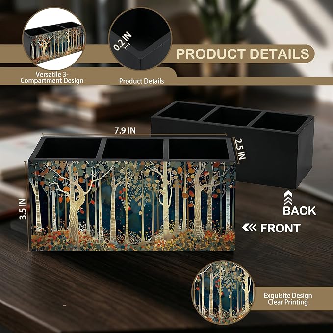 Rustic Autumn Forest William Morris Inspired Wooden Pencil Pen Holder for Desk Organizers and Accessories, Vintage Botanical Nature Makeup Brush Holder Organizer for Bathroom Vanity