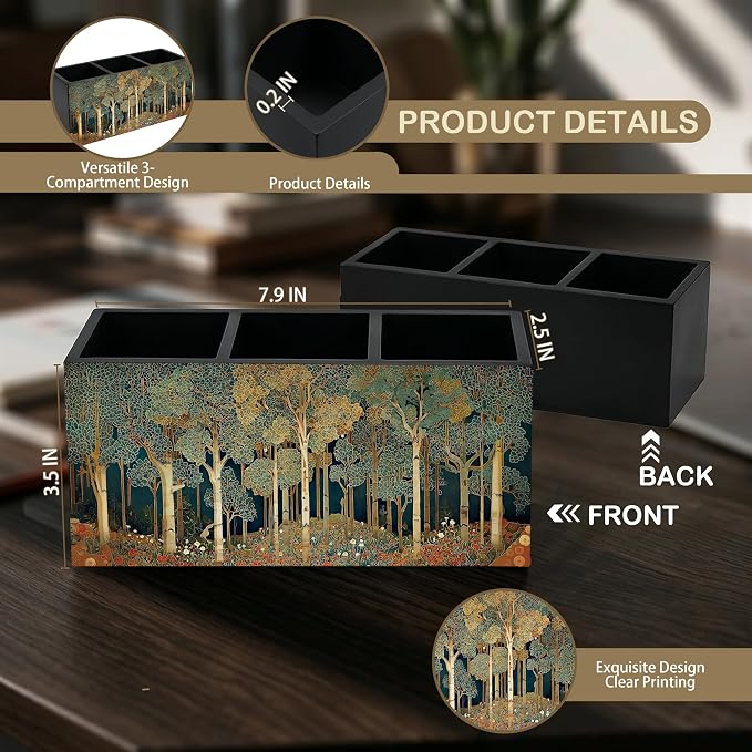 Rustic Forest William Morris Inspired Wooden Pencil Pen Holder for Desk Organizers and Accessories, Farmhouse Nature Forest Botanical Makeup Brush Holder Organizer for Bathroom Vanity