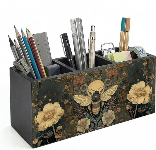 William Morris Inspired Bee Wooden pencil holders & pen holders | Bee Desk Accessories, Art Nouveau Dark Cottagecore Floral Insect Makeup Brush Toothbrush Holder Organizer for Bathroom Vanity
