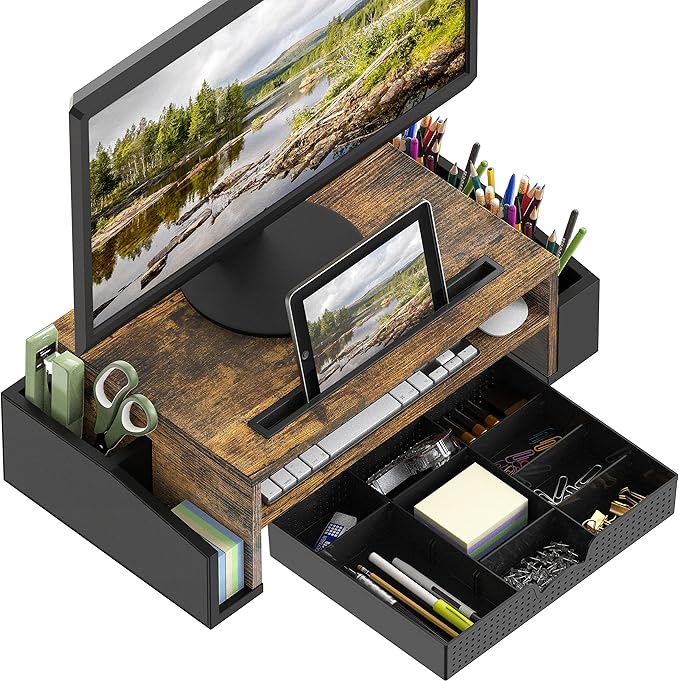 Simple Houseware Desk Monitor Stand Riser w/ Adjustable Tray, Rustic Brown | Built-In Tablet Slot and Side Storage