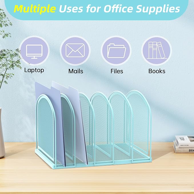SUPEASY File Organizer 5-Section Mesh Desk Organizer, Upright File Organizer Desktop Organizer File Sorter, File Folder Holder for Office Supplies, Blue | 5 Vertical Compartments with Sturdy Metal Base for Office Documents Books Magazines and Laptop