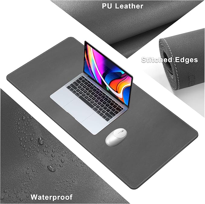 CENNBIE Leather Desk Mat,39.3x19.6 Desk Pad Blotter Protector (Grey) | Premium stitched edges resist wear. Easy to clean. Protects desk from spills, stains ,scratches. Smooth glide. Office & home.