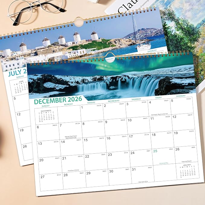 Calendar 2026-2027 - 18 Months Wall Calendar 2026-2027 | July 2026 - December 2027, 2026-2027 Calendar with 15" x 11.5" Thick Paper, Twin-Wire Binding & Hanger, Julian Dates