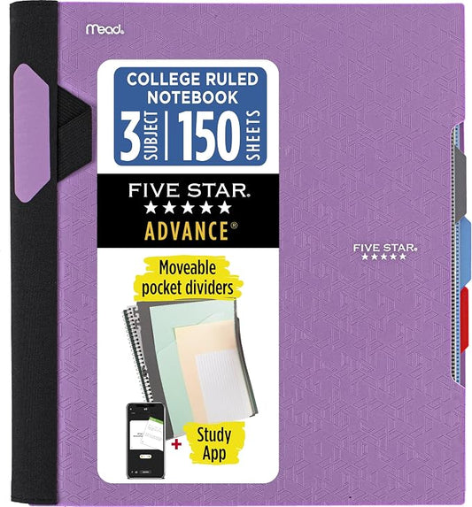 Five Star Advance Spiral Notebook + Study App, 3 Subject, College Ruled Paper, 8-1/2" x 11", 150 Sheets, Spiral Guard, Movable Tabbed Dividers, Amethyst Purple (820060G)