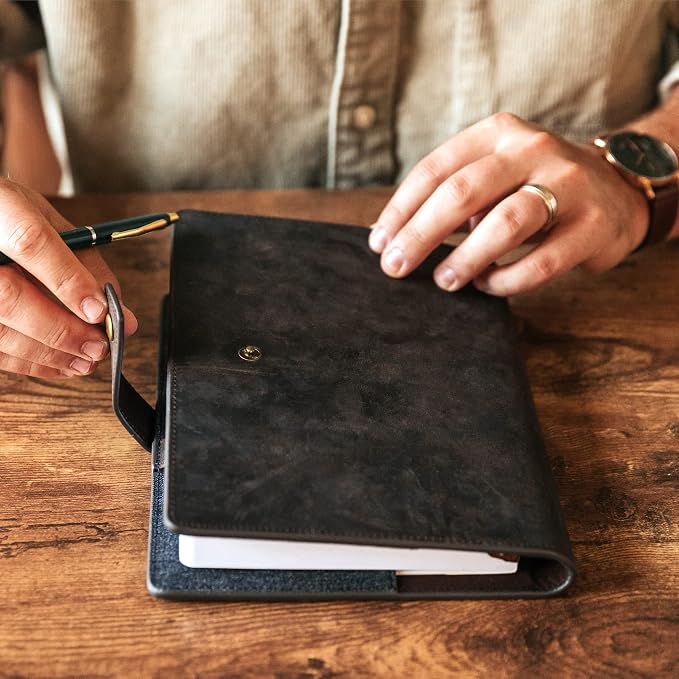 CASE ELEGANCE Full Grain Premium Leather Refillable Journal Cover with A5 Lined Notebook, Pen Loop, Card Slots, Brass Snap