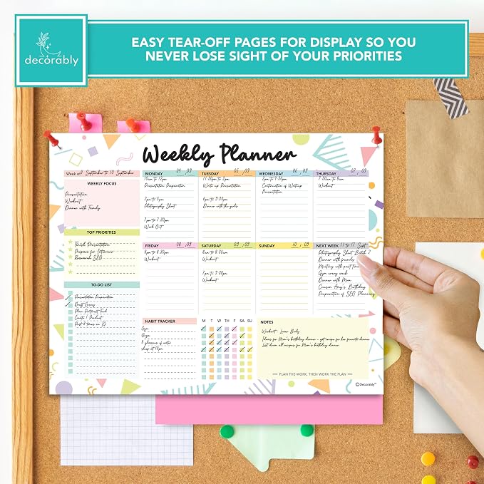 Decorably 52 Sheets Colorful Pastel Weekly to Do List Notepad - 11x8.5" Spring-Bound Planner Pad, Easy Tear-Off for Priorities, Habit Tracker, Focus & Notes - Home, School, Office