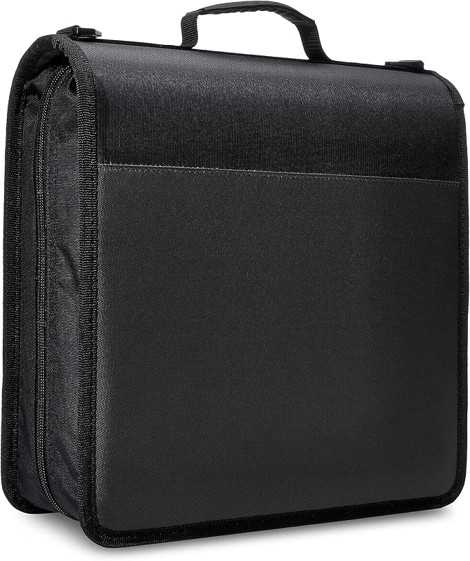 Amazon Basics Durable 3 Ring Binder with Zipper and Strap, Multiple Pockets, Sturdy Storage for School and Office, 3 inch, Black