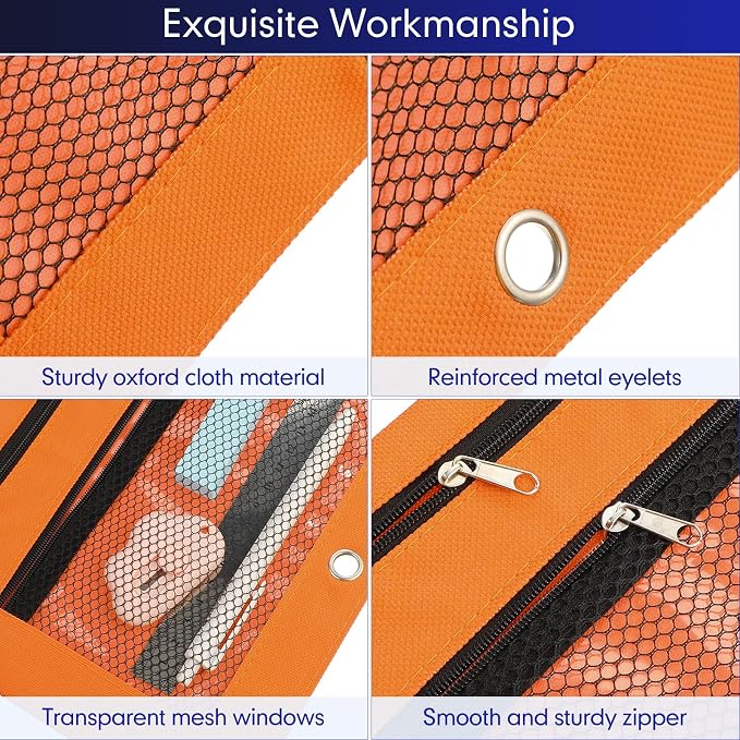 Leelosp 48 Pack Pencil Pouch for 3 Ring Binder Mesh Zipper Pencil Case Bags Binder Pouches Bulk for School Writing Utensils Storage Supplies (Blue,Orange)