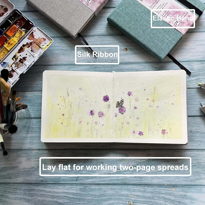 tumuarta Square Watercolor Journal, 140 LB, 300 GSM, 100% Cotton, Cold Press, 24 Sheets, 48 Pages, Watercolor Paper Sketchbook for Use As Travel Mixed Media Pad On The Go (Green, 4.7x4.7”)