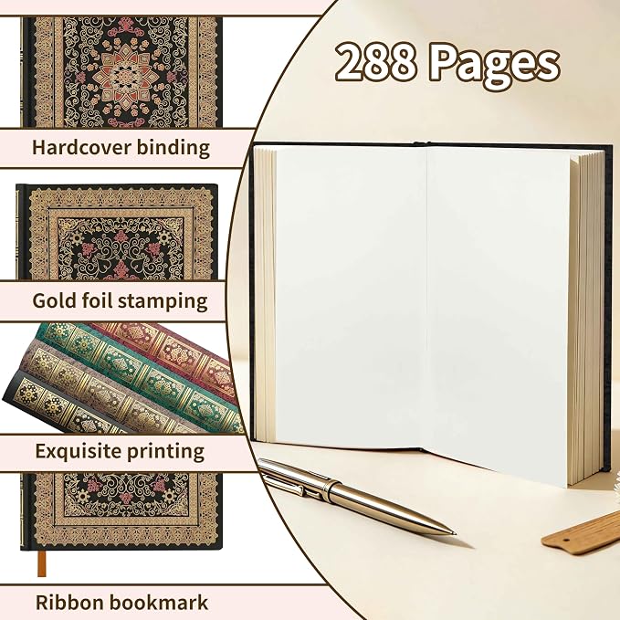 Mlife Thick Journal Blank Notebook,288 Pages A5 Notebook,120gsm Plain Paper,Vintage Hardcover Notebook with Gold-Embossed Floral for Men Women,5.5'' X 8.27''