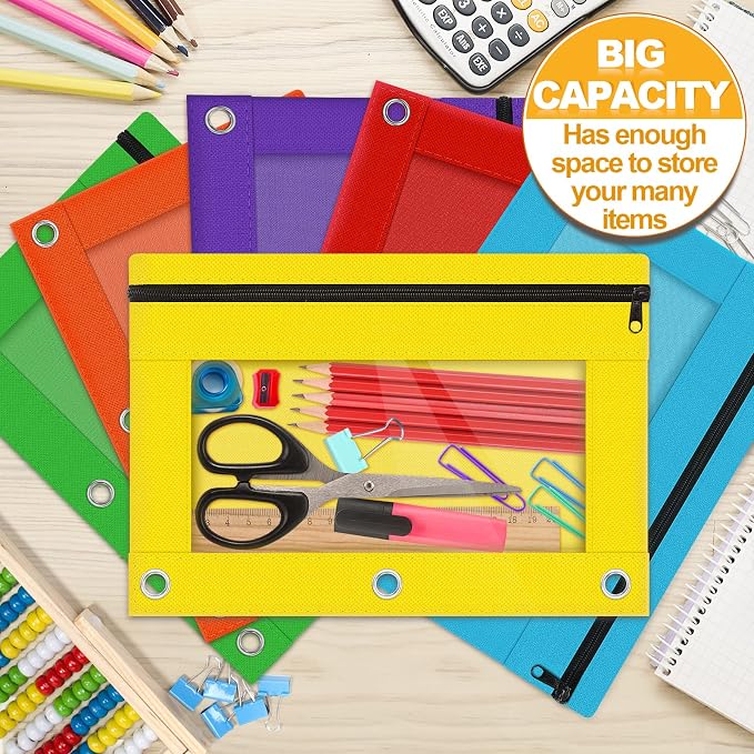 3 Ring Binder Pencil Pouch, 120 Pack Bulk Zipper Pencil Cases with Clear Window, 6 Color Cloth Binder Pouches with 3 Holes, Durable Pencil Bags for Classroom School Office Supplies