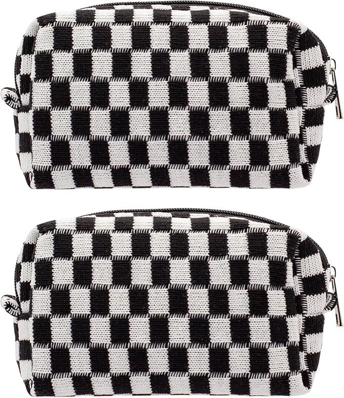 Checkered Makeup Bag for Purse, Small Travel Cosmetic Pouch,Black,2 Pack | Cute Zipper Makeup Organizer for Women, Travel Essentials, Toiletries, Makeup Brushes, Beauty Accessories&Bridesmaid Gifts