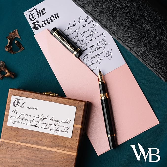 Wordsworth & Black Primori Luxury Fountain Pen Set for Writing, Medium Nib | Black Gold, Gift for Men Women, Metal Body, 18K German Iridium, Calligraphy, Converter + 24 Ink Cartridges, Refillable