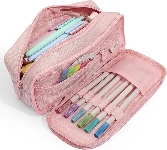 SUNEE Pencil Case, Large Capacity Pencil Pouch, Aesthetic Big Pen Bag 900D Oxford Pen Box for Office Stationery Organizer School Supplies Multifunctional for Teen Boys Girls Women Men, Pink
