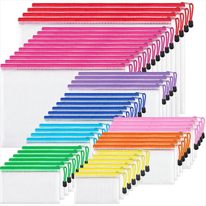 JARLINK 48 Pcs Mesh Zipper Pouch Bags, 8 Sizes Waterproof Zipper Bags | Multi-use Travel Bags for Office, School, Board Game, Puzzles, Cosmetics, Travel Accessories, and Home Organization, 9 colors