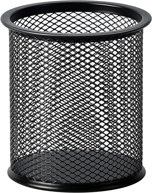 Amazon Basics Wire Mesh Pen Holder, Pencil Cup Desk Organizer for Stationery, Scissors, Office Caddy Storage, 3.7" x 3.3", Black