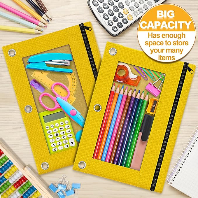 Pencil Pouch for 3 Ring Binder, 2 Pack Pencil Bags with Zipper, Yellow Pencil Case for Classroom School Office Supplies, Large Sturdy and Durable Cloth Pencil Pocket for 3 Holder Binder