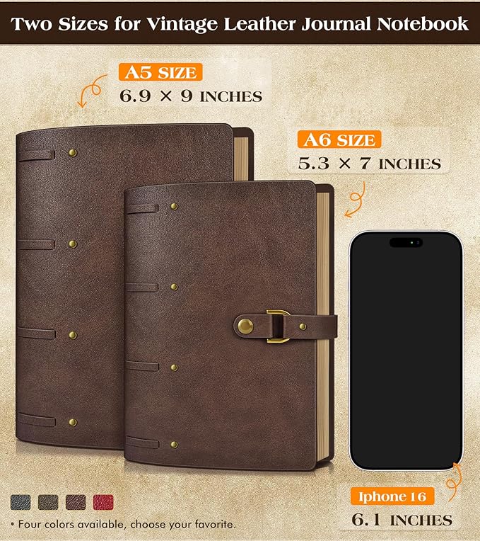 Leather Journal Notebook, A6 Size 5.3 x 7 inches 260 Pages Refillable Vintage Travel Notebook with Gift Box, 100 GSM Thick Lined Paper Journal Writing Diary Note Taking for Men and Women – Brown