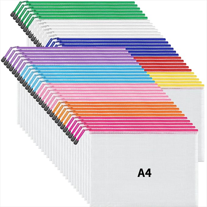 JARLINK A4 Mesh Zipper Pouch Bags, 56 Pcs Waterproof Zipper Pouch Bags | Multi-use Mesh Bags for Board Games & Puzzles, Office School Supplies, Toys, Cosmetics Travel Storage, 10 Colors, Lettle Size