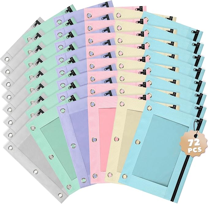 Lanpn Pencil Pouch for 3 Ring Binder 72 Pack, Pastel Binder Pen Bags Bulk with Zipper, Aesthetic 3 Holes Pencil Holder Organizer for Boy Girl Kids School Student, Reinforced Grommets & Clear Window