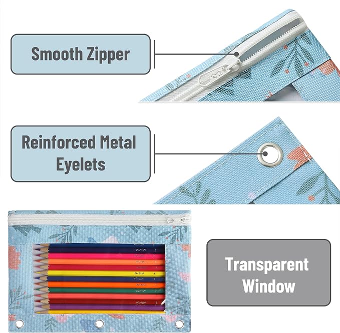 Mr. Pen- Pencil Pouch for 3 Ring Binder, 2 Pack, 10"x6.75", Smooth Zipper | Clear Window, Large Capacity Pencil Case with 3 Reinforced Grommets for School, Office, Supplies Storage | Clear Window, Large Capacity Pencil Case with 3 Reinforced Grommets f...