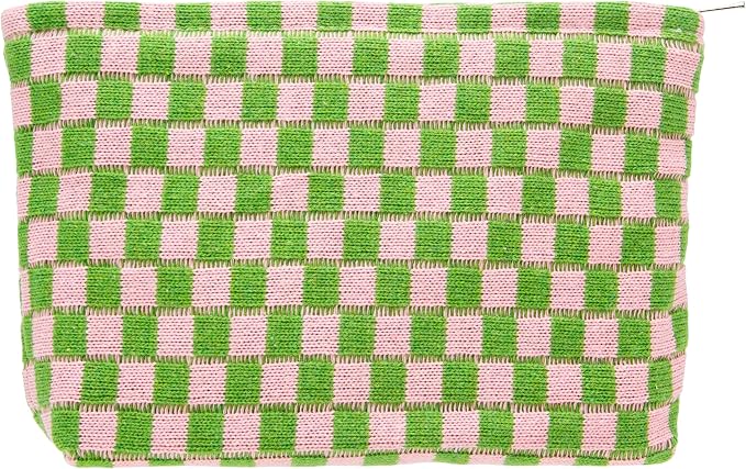 Checkered Makeup Bag for Purse, Small Flat Cosmetic Pouch,Pink Green | Cute Zipper Makeup Organizer for Women, Travel Essentials, Toiletries, Makeup Brushes, Beauty Accessories&Bridesmaid Gifts