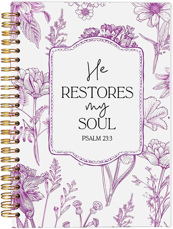 Christian Notebook for Women, Christian Gifts Journal, Prayer Journal for Women, Bible Journaling Notebook, PSALM 23:3 He Restores My Soul Floral Spiral Notebook 5.5x8.3