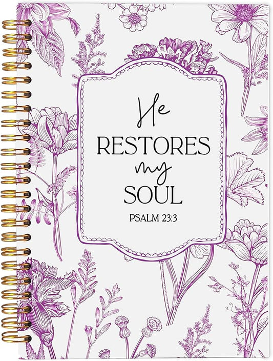 Christian Notebook for Women, Christian Gifts Journal, Prayer Journal for Women, Bible Journaling Notebook, PSALM 23:3 He Restores My Soul Floral Spiral Notebook 5.5x8.3