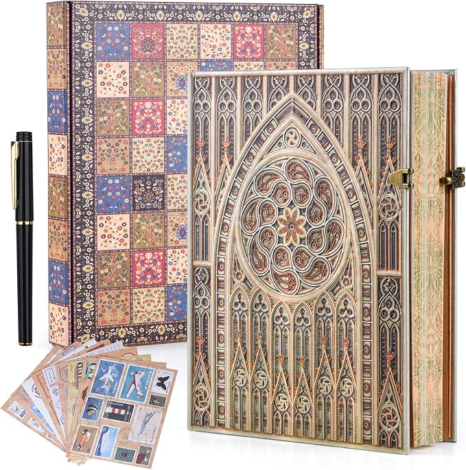 Retro 3D Gothic Vault Hot Stamp Hardcover Journal – 192 Blank Lined Pages w/Envelope Pocket – Luxury Notebook, Travel Diary & Wedding Anniversary