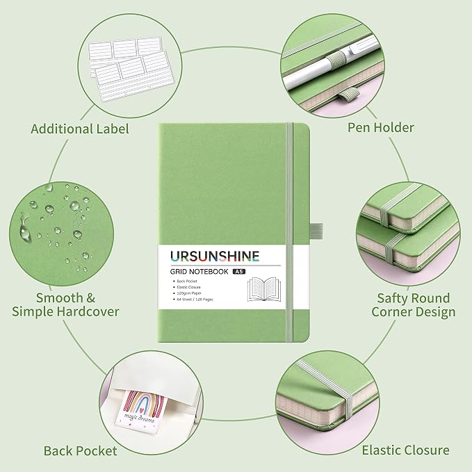 Graph Grid Paper Notebook/Journal - Classic Journal/Notebook with Ribbon Divider, Hardcover with Thick Paper, 5.3" x 8.26", Banded + Pen Holder +Inner Pocket - Light Green