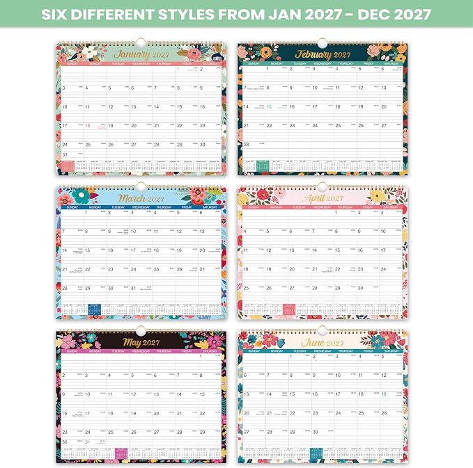 2027 Calendar - 2027 Wall Calendar, Jan.2027 - Dec.2027, 15" x 11.5" | 2027 Wall Calendar 12 Month, Twin-Wire Binding, Julian Dates, Large Block, Notes, To-do List, Thick Paper - Floral