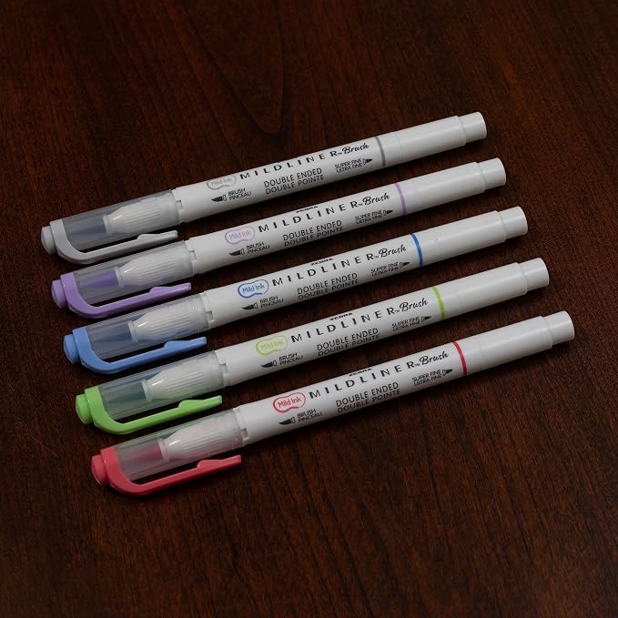 Zebra Pen MILDLINER No Bleed Brush Pen, Assorted Cool, Dual Tip, 5-Pack