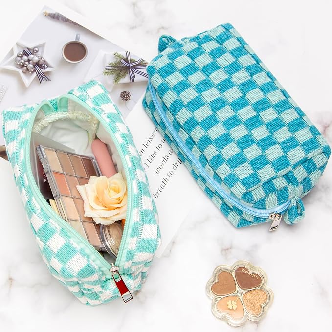 Checkered Makeup Bag for Purse, Small Cosmetic Pouch,Lake Blue,2 Pack | Cute Zipper Makeup Organizer for Women, Travel Essentials, Toiletries, Makeup Brushes, Beauty Accessories&Bridesmaid Gifts
