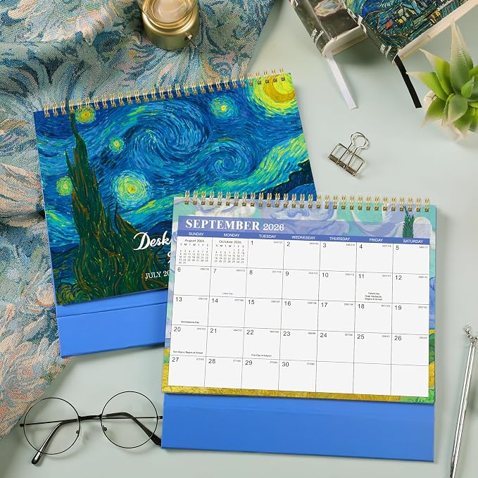 Desk Calendar 2026-2027 Flip Desktop Calendar Jul 2026 - Dec 2027 | 9.8" x 8.3" Starry Night Van Gogh Desk Planner with Thick Paper for Office Home School