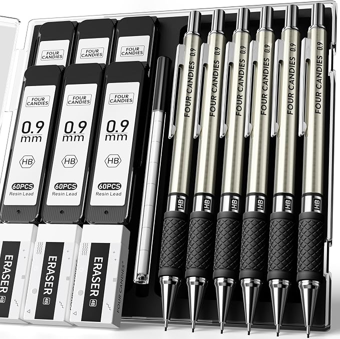 Metal Mechanical Pencil Set, Break-Resistant 0.9mm 6-Pack with Storage Case | 360 Leads, 3 Erasers+9 Refills, Non-Slip Grips, Bold Point For School Writing, Sketching, Art Drawing & Professional Drafting