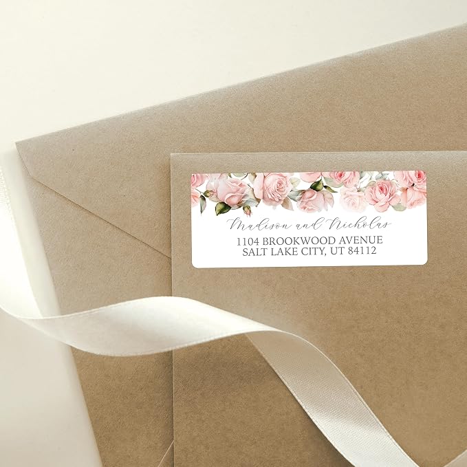 Return Address Labels Personalized with Your Choice of 30 Flower Styles - Choose Font and Font Color or Add Custom Text - Perfect for Wedding Envelopes (015 Pink Roses)