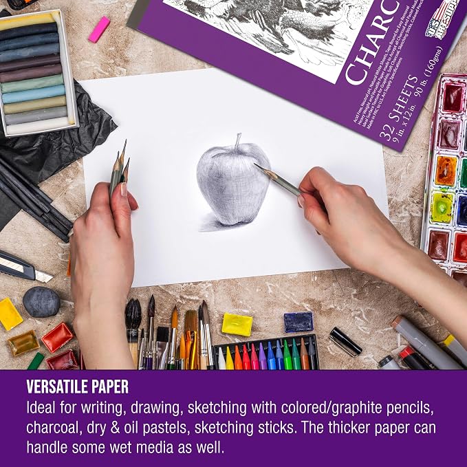 U.S. Art Supply 9" x 12" Premium Heavy-Weight Charcoal Sketchbook (2 Pack, 64 Sheets Total) - 90lb (160gsm) Sketch Book Pad for Charcoal, Pencil & Pastel Drawing