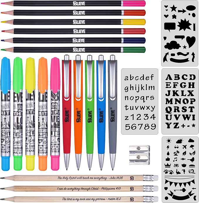 BLIEVE - Bible Journaling Kit With Gel Highlighters And Pens No Bleed, Scripture Markers and Pencils Supplies, Stencils Planner Set For Coloring Journal Art Illustrated By Faith Christian Gifts 24pcs