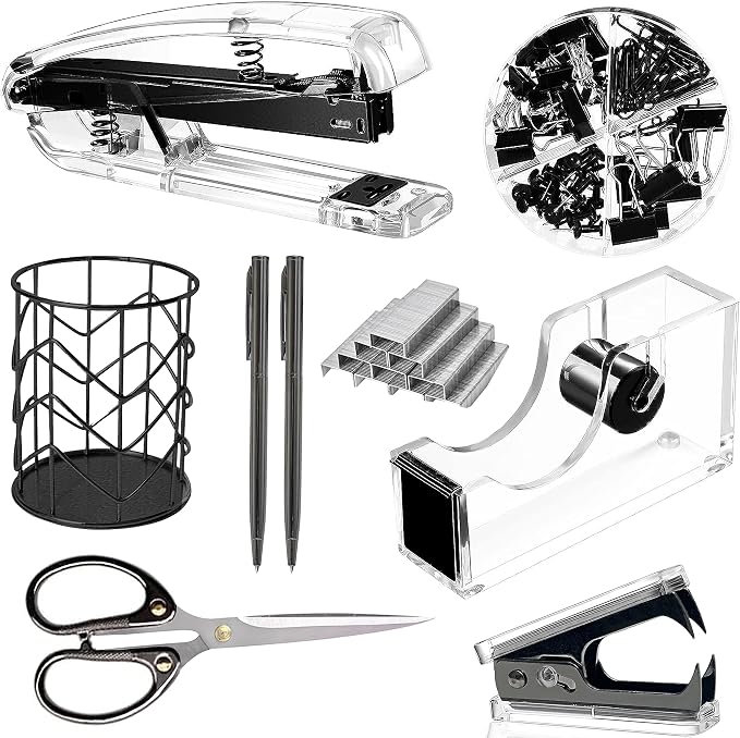 Office Desk Accessories，Office Supplies Set Acrylic Stapler Set Staple Remover, Tape Holder, Pen Holder, 2 Ballpoint Pen, Scissor, Binder Clips, Paper Clips and 1000pcs Staples(Black)