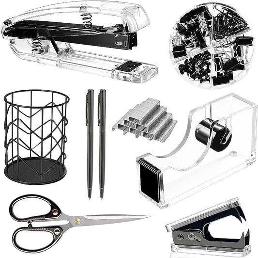 Office Desk Accessories，Office Supplies Set Acrylic Stapler Set Staple Remover, Tape Holder, Pen Holder, 2 Ballpoint Pen, Scissor, Binder Clips, Paper Clips and 1000pcs Staples(Black)