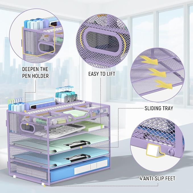 Docnest 5 Tier Mesh Desk Organizer with Removable Tray&Pen Holder, Purple | Features 3 detachable pen holders and 4 removable dividers.Versatile mesh desktop storage for mail, document,office supplie
