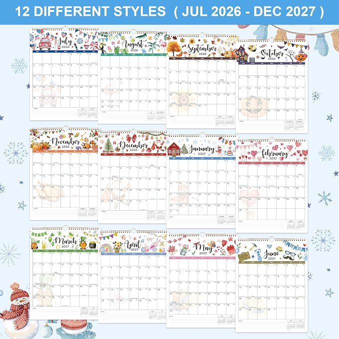 Calendar 2026-2027 - Wall Calendar 2026-2027, July 2026 - December 2027, 11.49'' x 14.56'', Vertical Wall Calendars with Julian Dates, Hanging Hole, Thick Paper