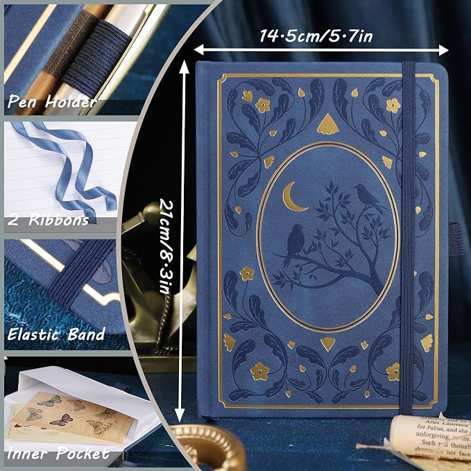 TIEFOSSI Line Journal Notebook, A5 Hardcover Rule Journal for Women Men | 100gsm 316 Numbered Pages Diary, Aesthetic Leather Bird Pattern for Journaling Organization,Planning, Tracking & Sketching