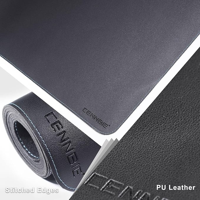 CENNBIE Leather Desk Mat - 31.4" x 19.6" Computer Desk Pad (Black) | Premium stitched edges resist wear. Easy to clean. Protects desk from spills, stains ,scratches. Smooth glide. Office & home.