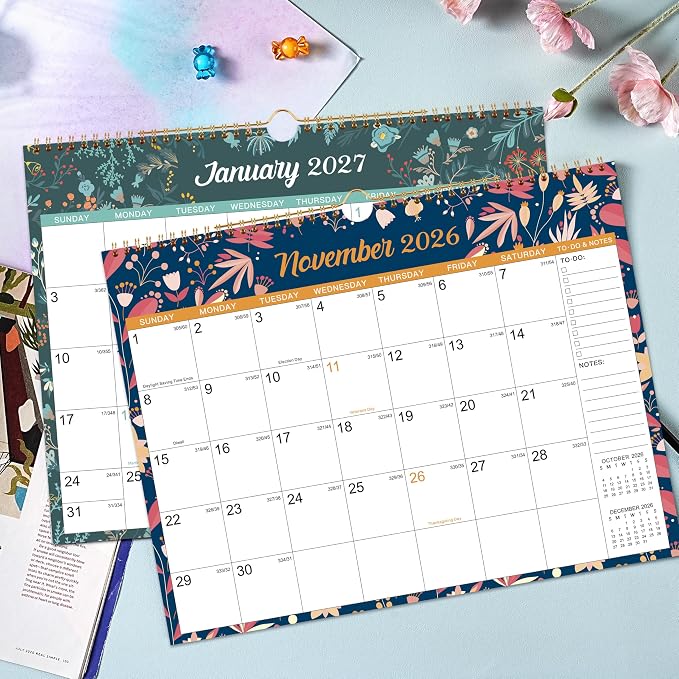 Wall Calendar 2026-2027, Jul 2026 - Dec 2027, 14.8" x 11.57", 18 Month | Calendar 2026-2027, Twin-Wire Binding, Julian Dates, Large Block, Notes & To-do List, Thick Paper, Perfect for Planning